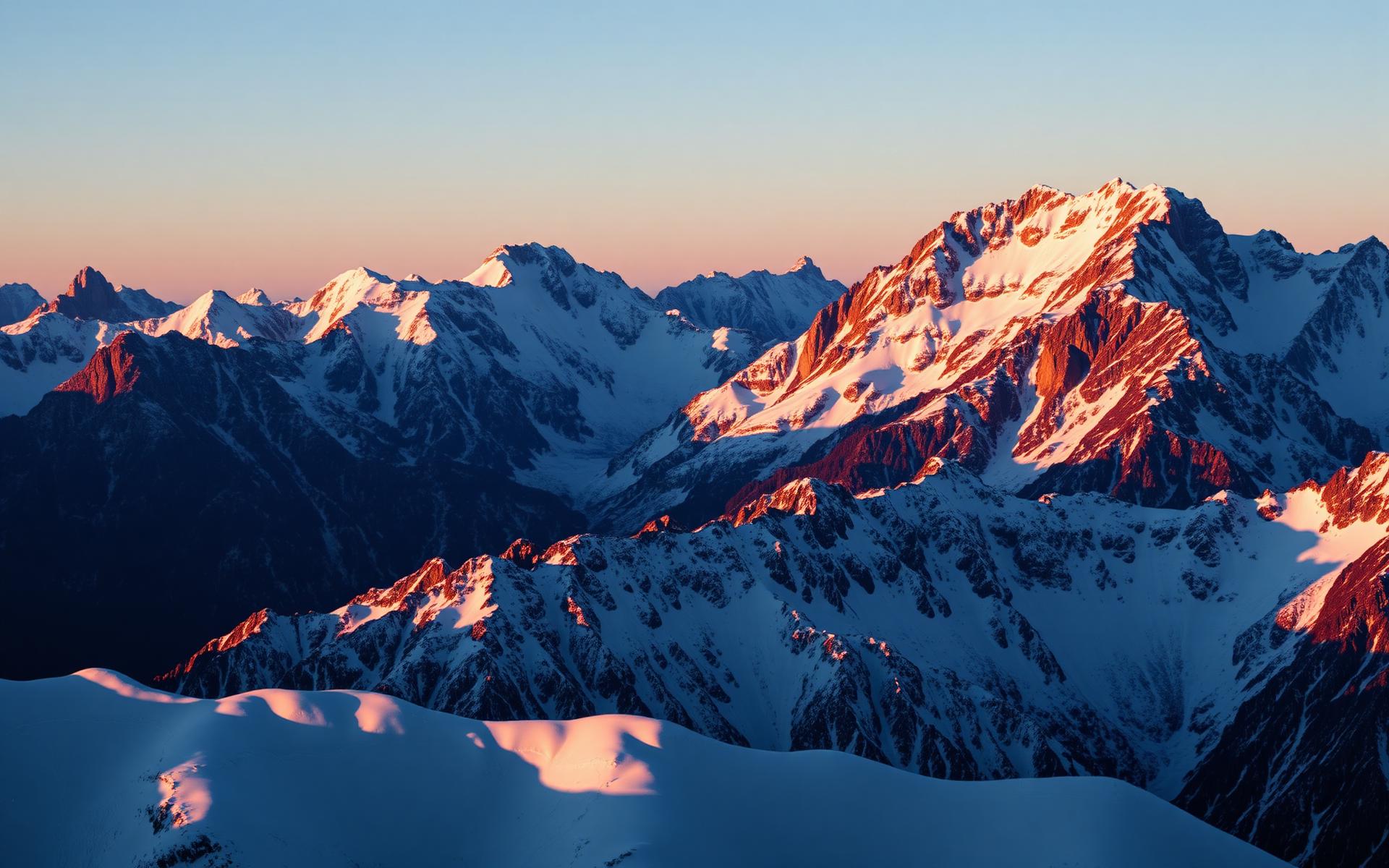 Snow-capped mountain range at sunrise